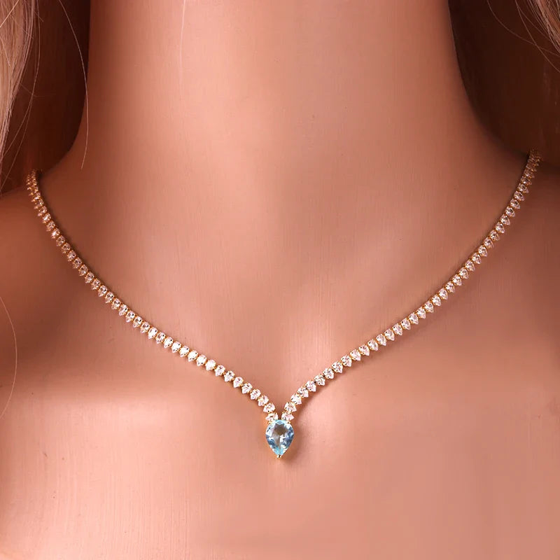 Encantador Collar Gargantilla Colgante Gota de Agua y Circonio plata y azul