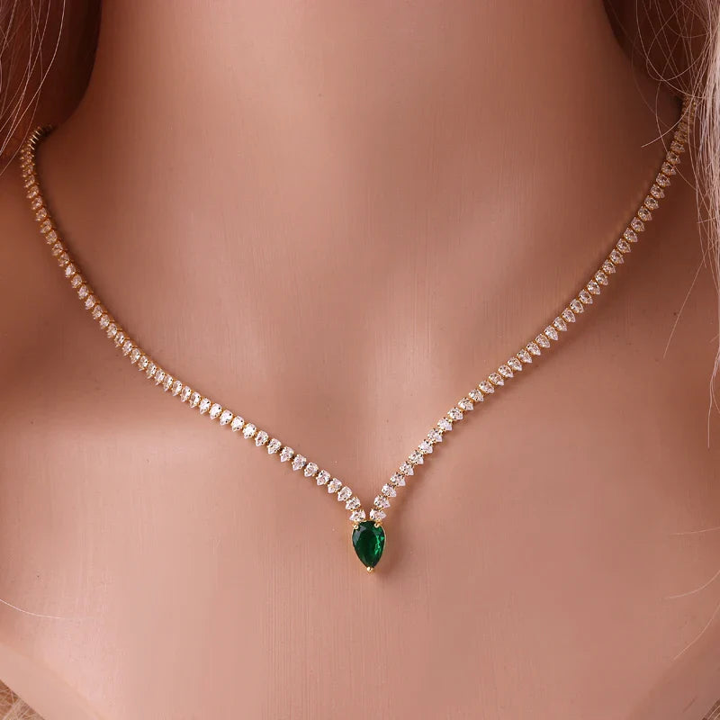 Encantador Collar Gargantilla Colgante Gota de Agua y Circonio plata y verde