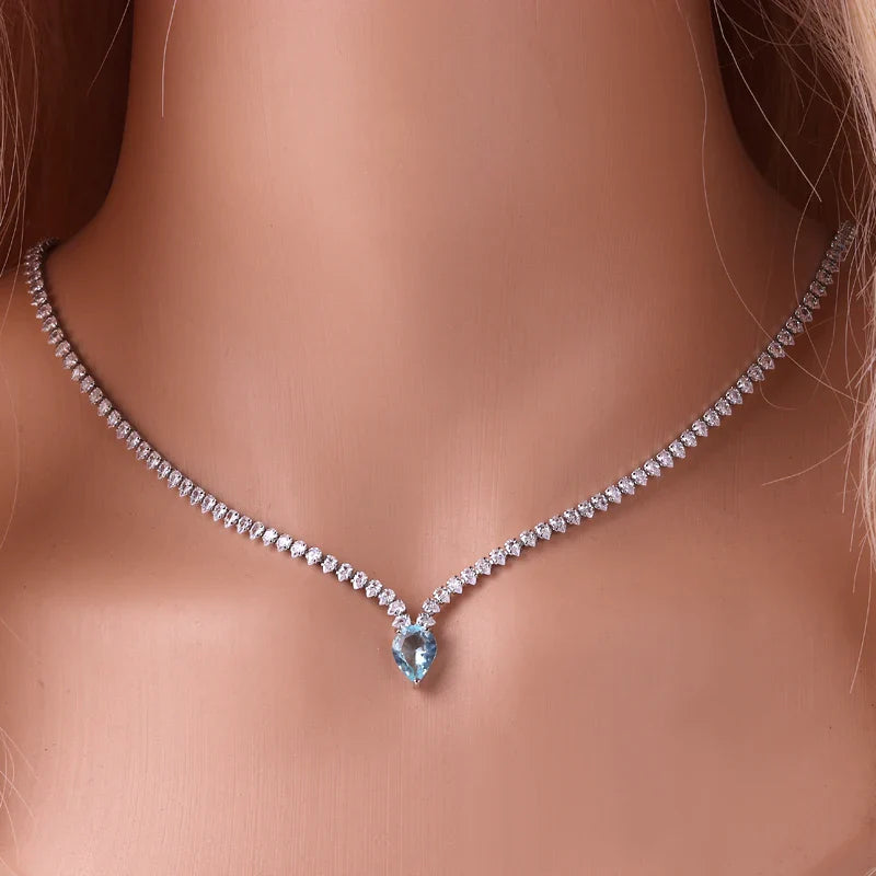 Encantador Collar Gargantilla Colgante Gota de Agua y Circonio plata y azul
