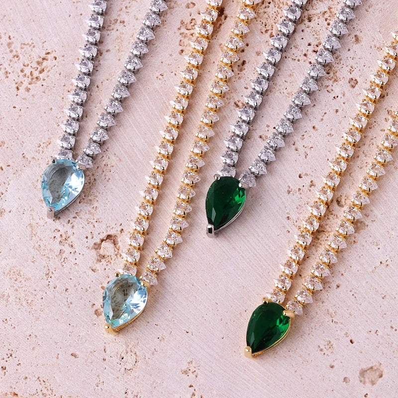 Encantador Collar Gargantilla Colgante Gota de Agua y Circonio oro y verde