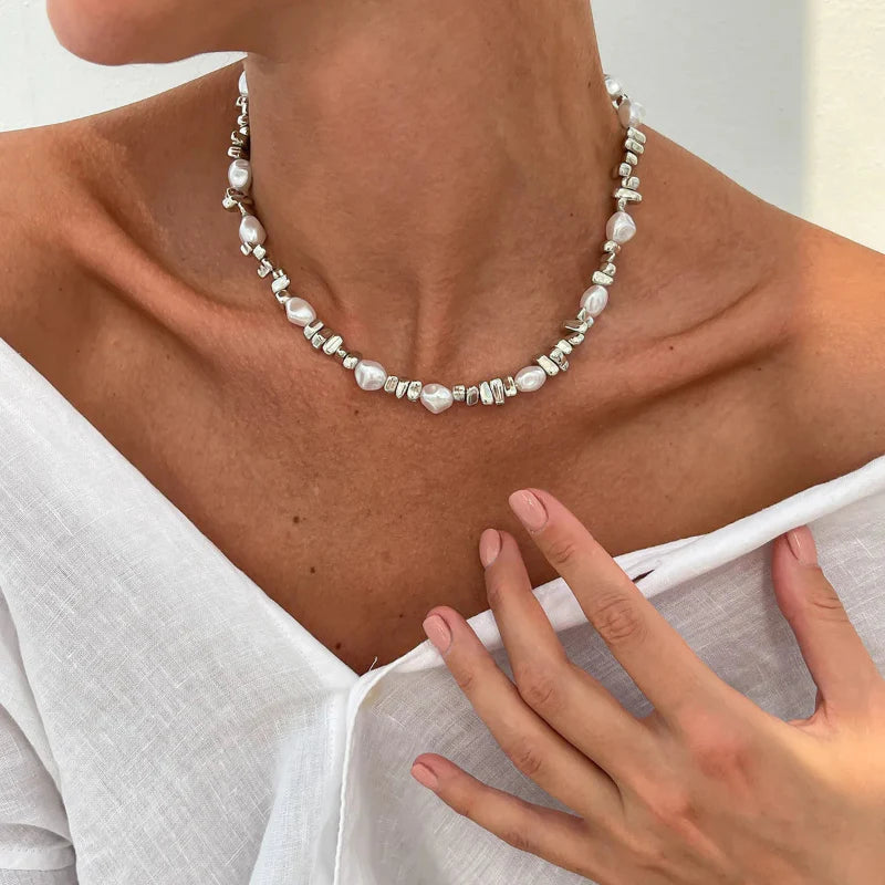 Collar Gargantilla con Colgantes de Perlas para Mujer plata