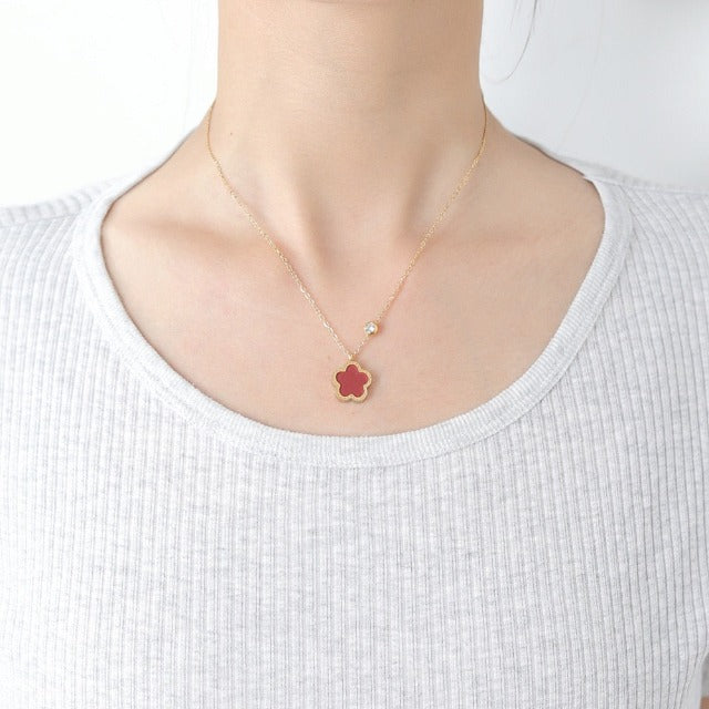 Collar Trébol Nacarado Cadena Dorada Colgante para Mujer rojo