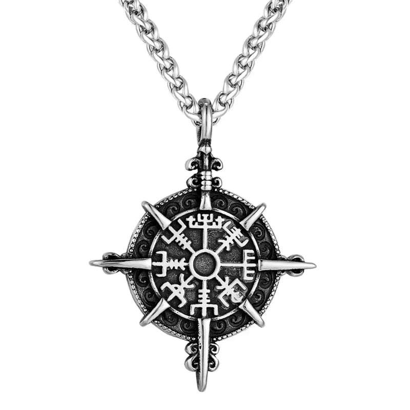 Collar vikingo con colgante de brújula Vegvisir plata
