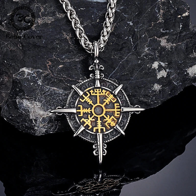 Collar vikingo con colgante de brújula Vegvisir oro