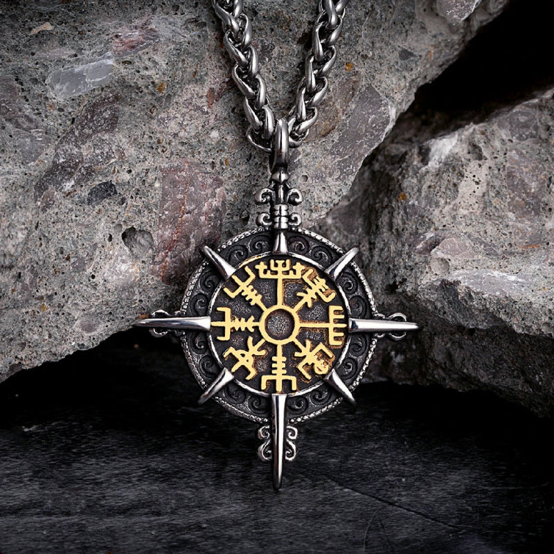 Collar vikingo con colgante de brújula Vegvisir oro