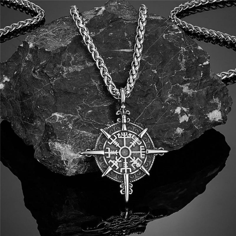 Collar vikingo con colgante de brújula Vegvisir plata