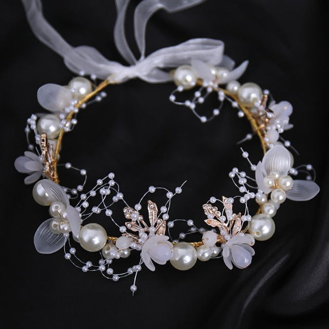 Corona de Boda con Flores y Perlas para Mujer oro