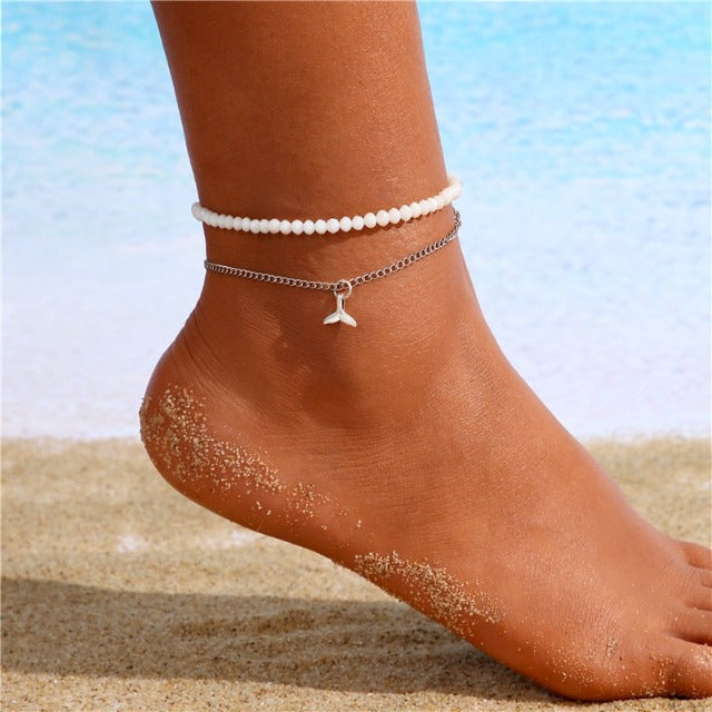 Doble Pulsera de Tobillo con Perlas para Mujer Joyería
