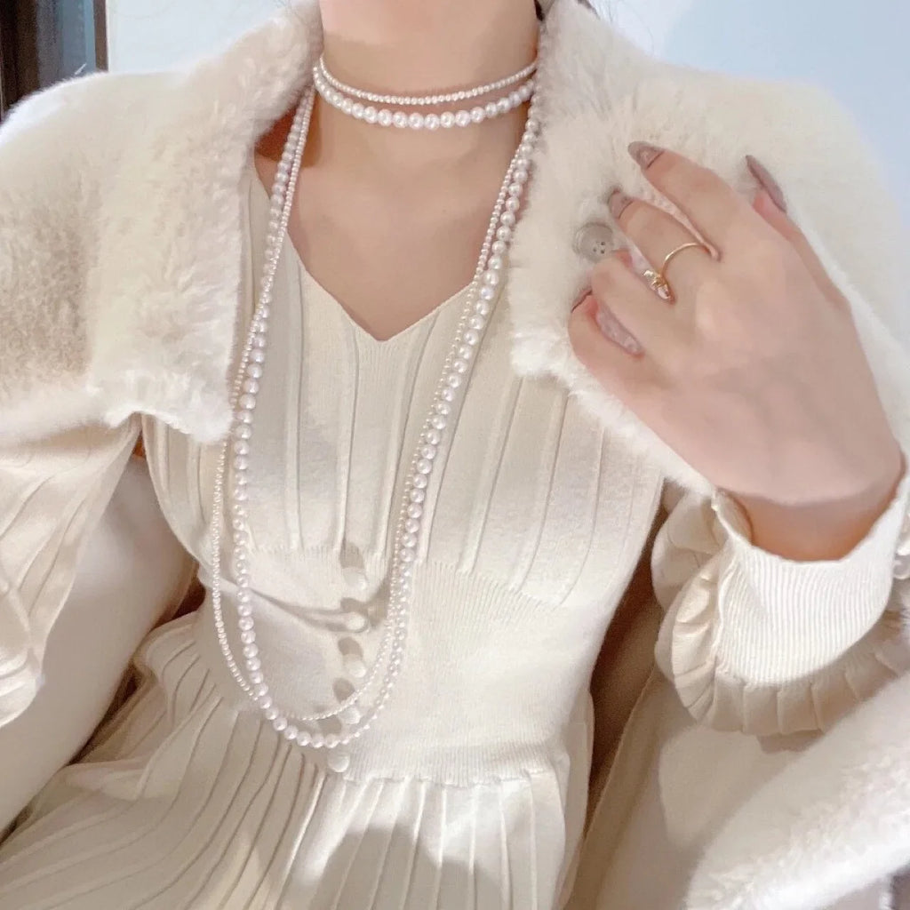 Collar Largo y Doble para Mujer con Perlas Blancas