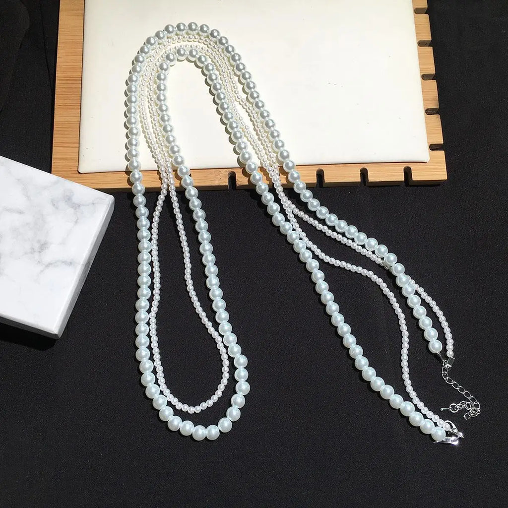 Collar Largo y Doble para Mujer con Perlas Blancas