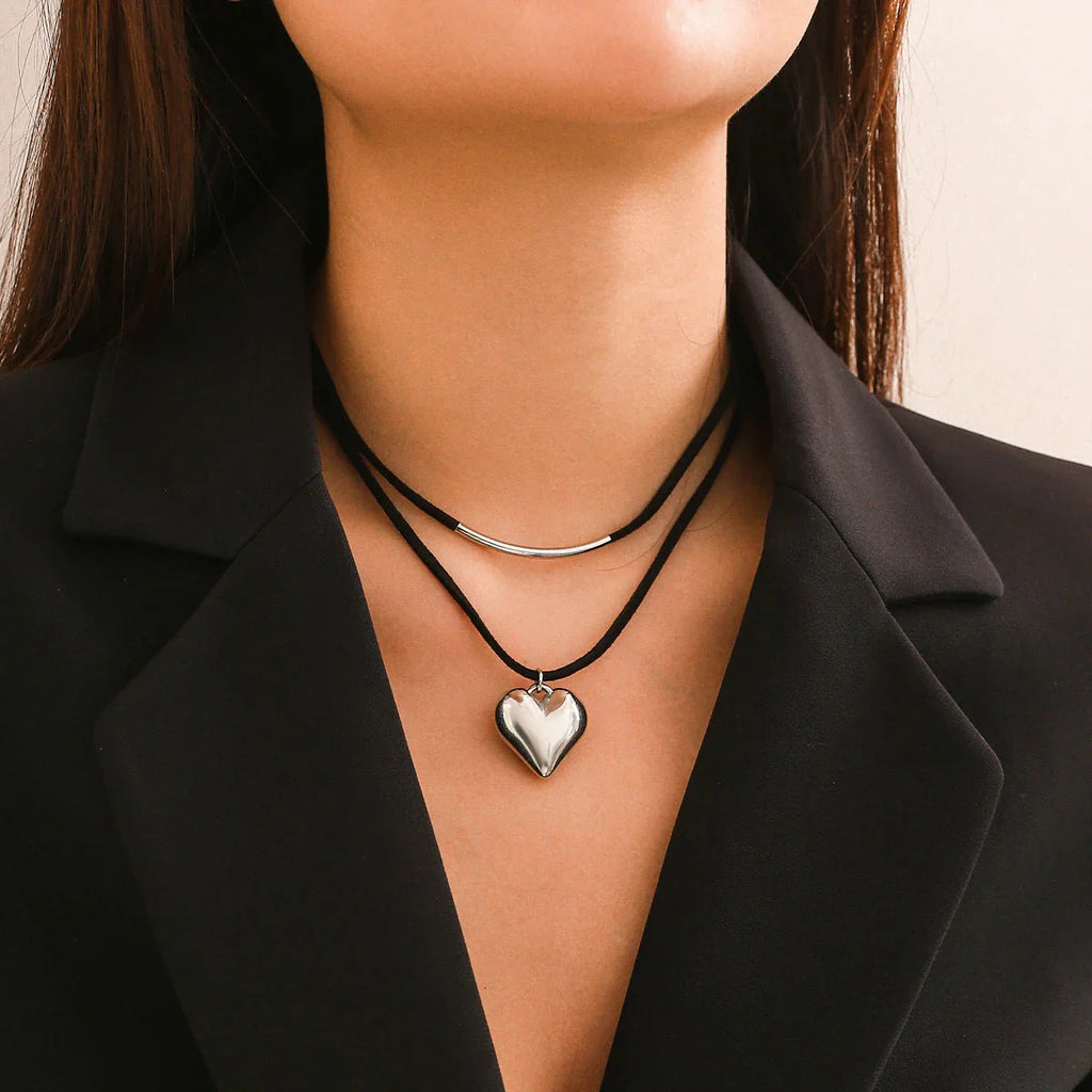 Doble Collar Colgante Corazón plata
