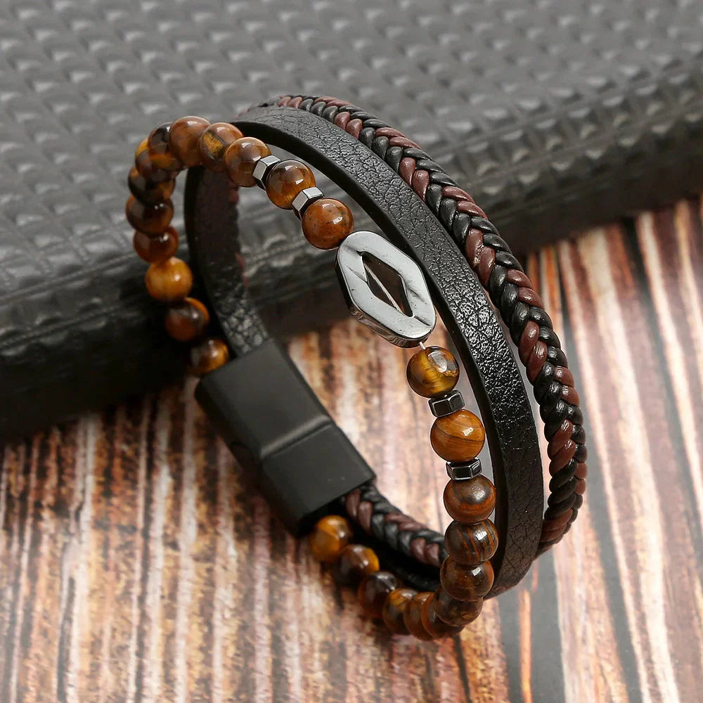Pulsera para Hombre Ojo de Tigre en Cuero marrón y metal