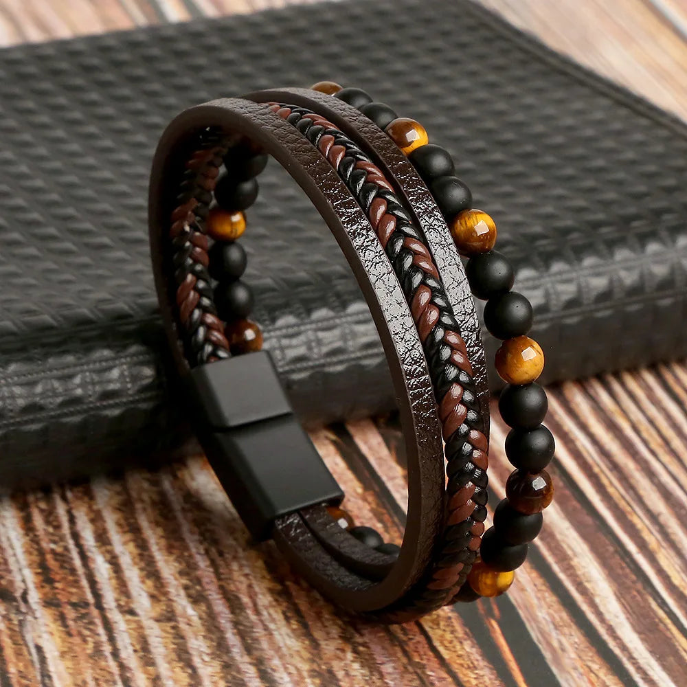 Pulsera para Hombre Ojo de Tigre en Cuero marrón y negro