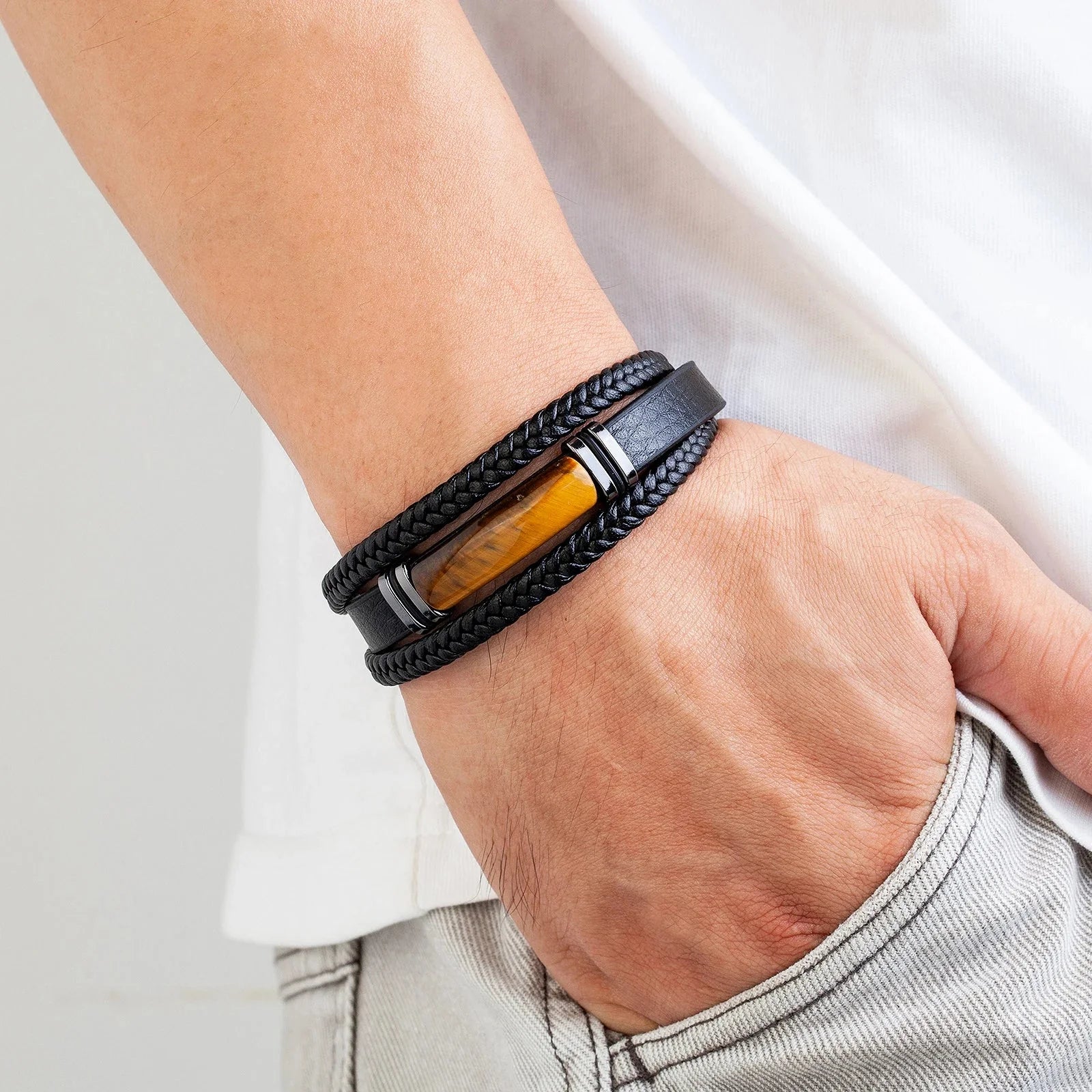 Pulsera de cuero para hombre con ojo de tigre Gourmette