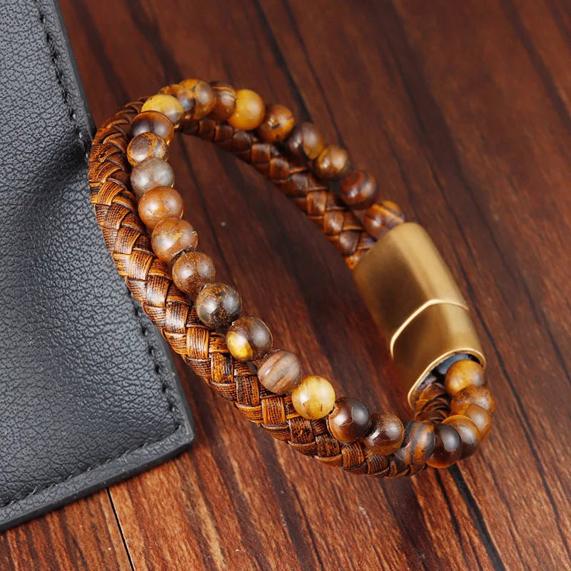 Pulsera Gourmette Ojo de Tigre en Cuero y Piedras