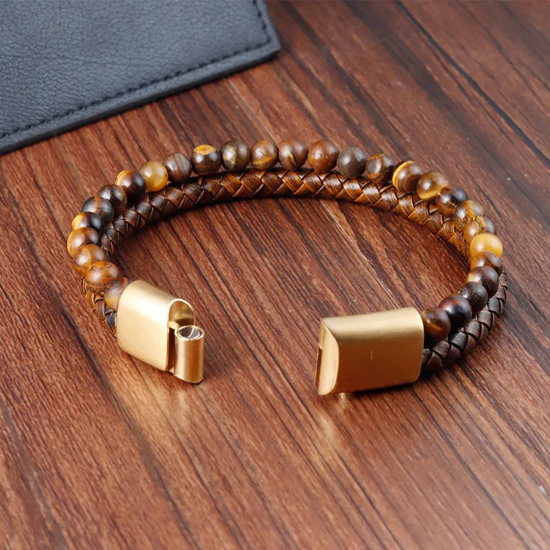 Pulsera Gourmette Ojo de Tigre en Cuero y Piedras