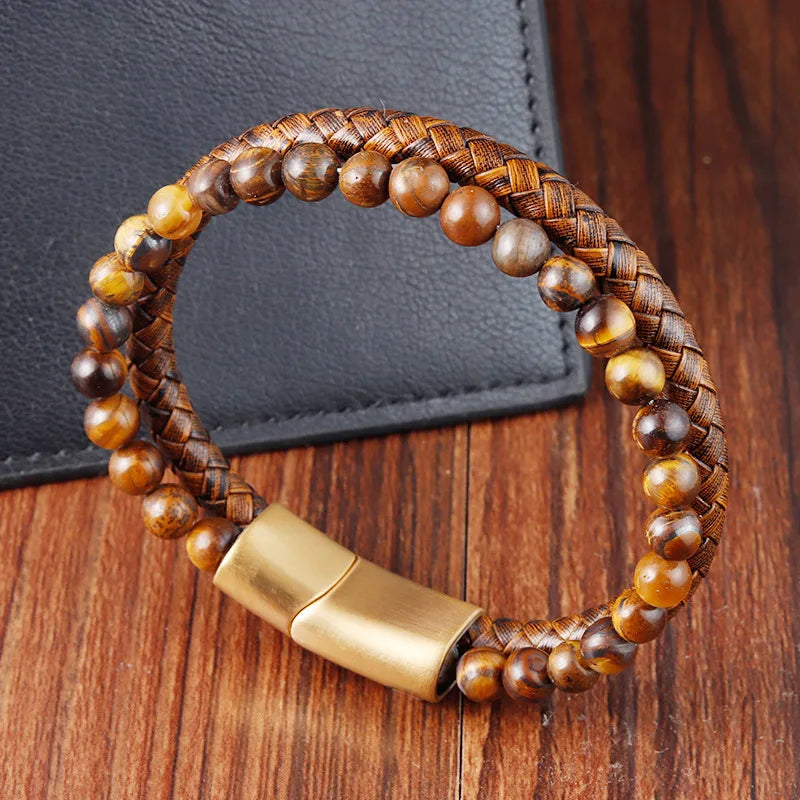 Pulsera Gourmette Ojo de Tigre en Cuero y Piedras