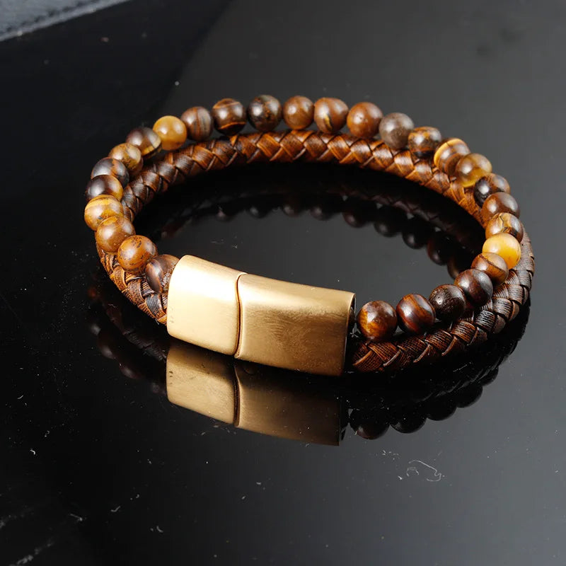 Pulsera Gourmette Ojo de Tigre en Cuero y Piedras