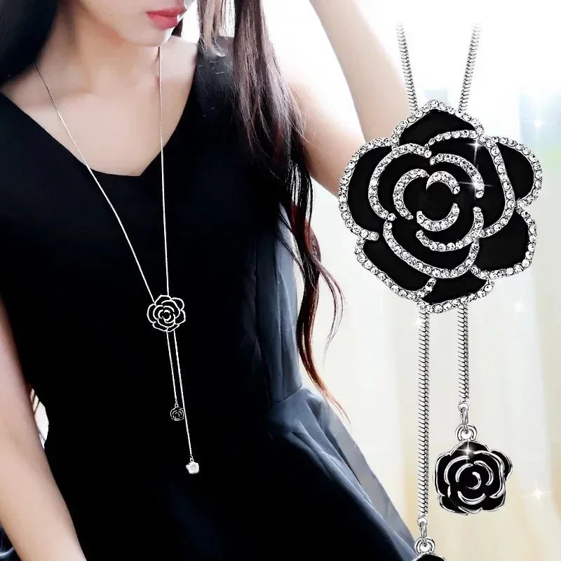 Collar Largo Colgante Flor Grande Negra