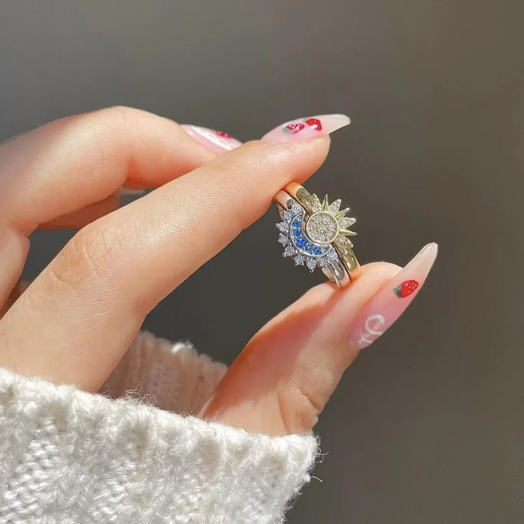 Juego de 2 Anillos Luna o Sol en Circonita para Pareja