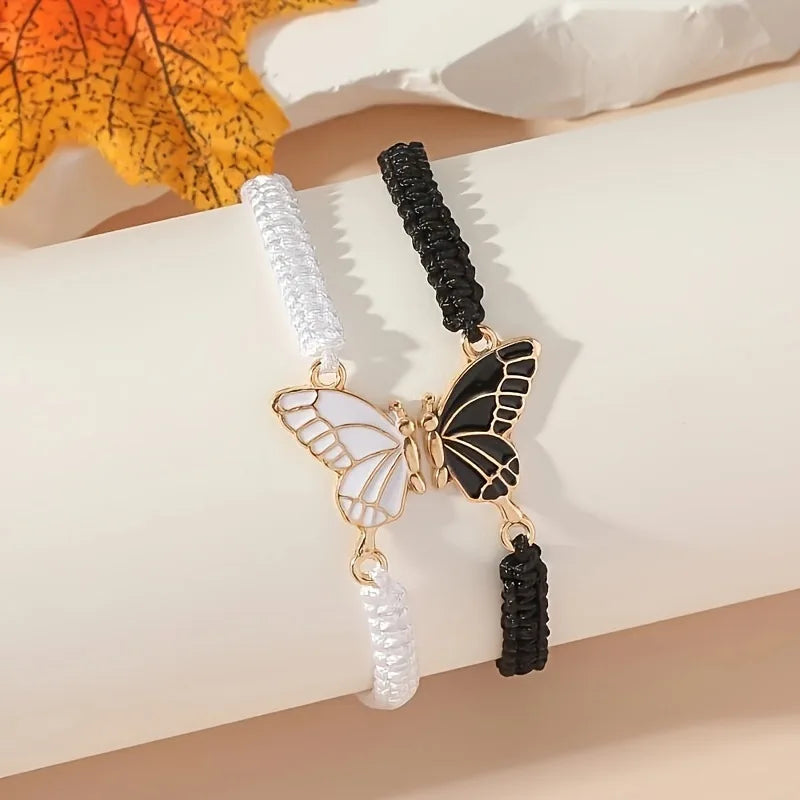 Set de 2 Pulseras Ala de Mariposa para Mejores Amigos negro y blanco