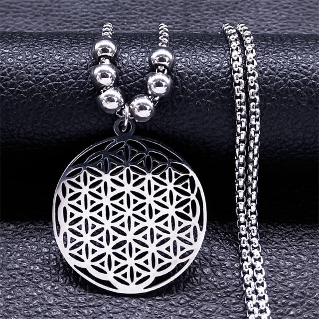 Colgante Flor de la Vida Perlas Collar Mandala Hombre Mujer Dawapara plata