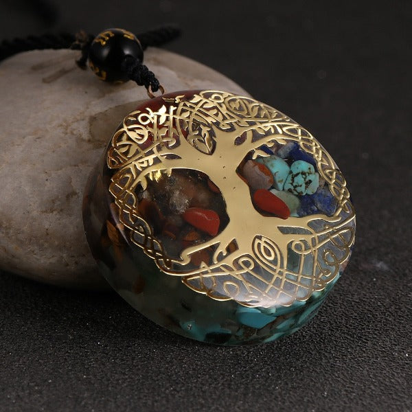 Colgante Piedra Orgonita & Collar Hombre mujer Protección Meditación árbol de la vida oro